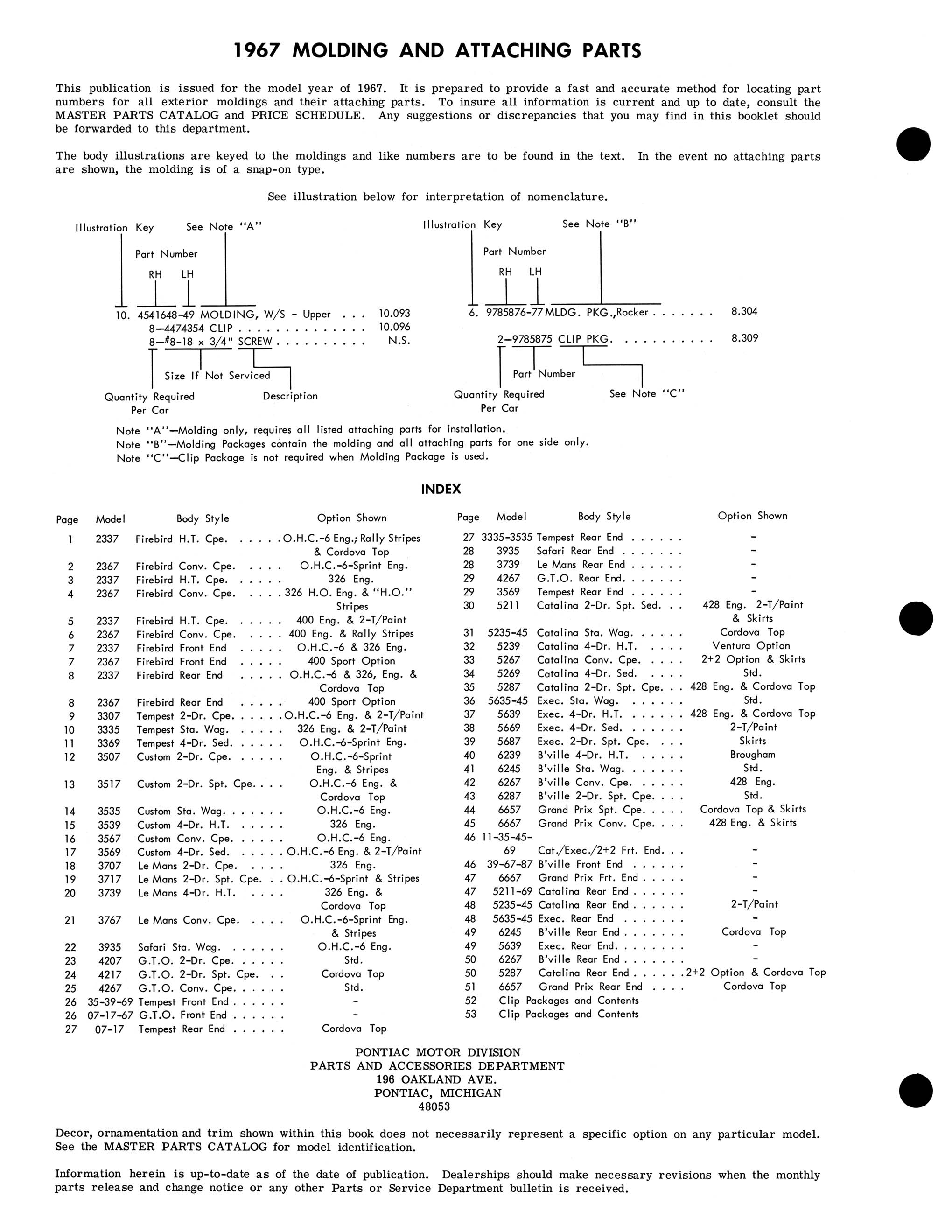 1967 Pontiac Molding and Clip Catalog